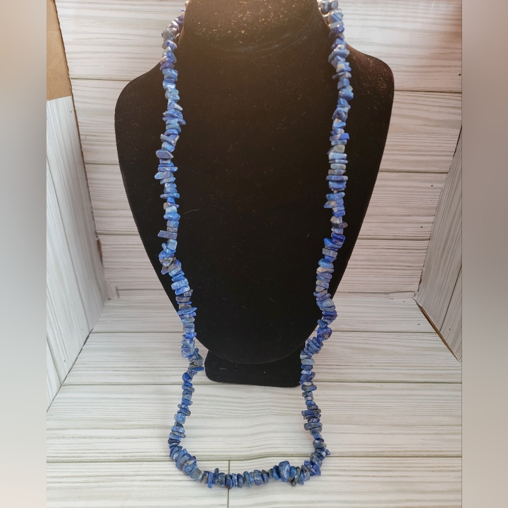 Long Sodalite Natural Stone Chip Infinity Necklace Blue 35” Vintage